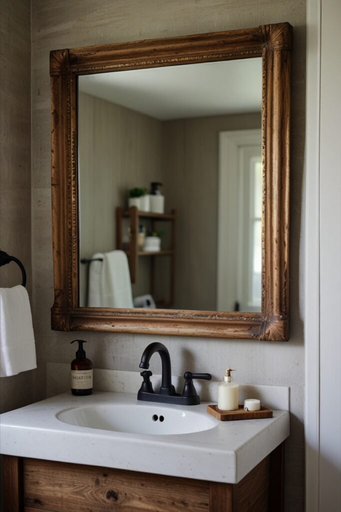 Small rustic bathroom with a vintage farmhouse mirror adding timeless charm.