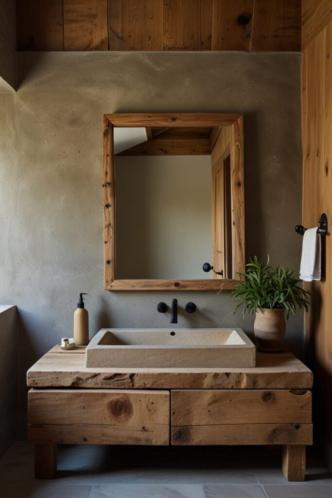 Small rustic bathroom with a rustic wooden sink as the focal point of the space.