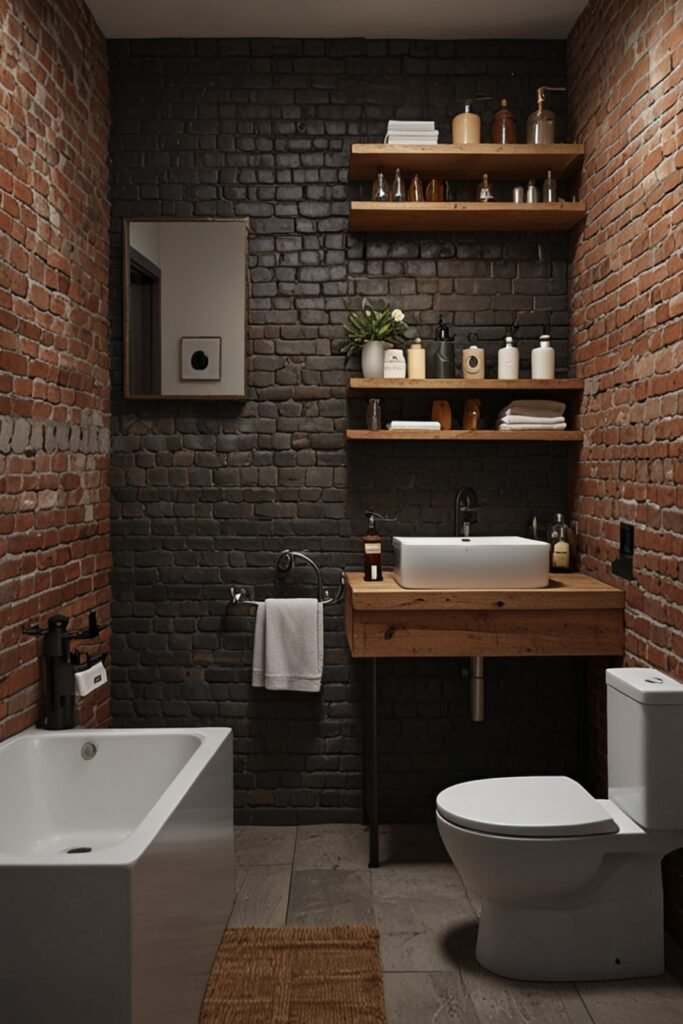 Small rustic bathroom featuring an exposed brick wall for a textured, cozy feel.