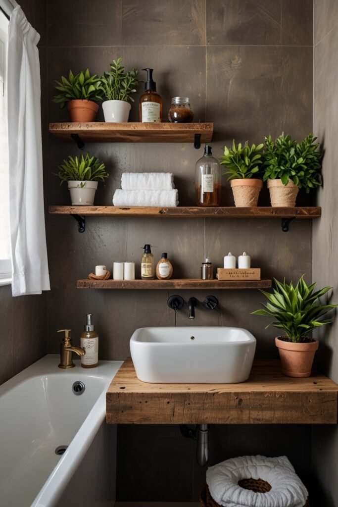 Small rustic bathroom with reclaimed wood shelves providing storage and warmth.