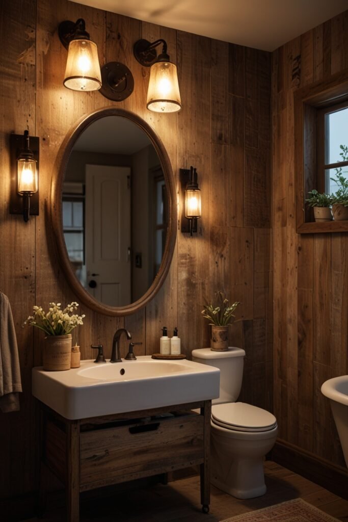 Small rustic bathroom with vintage-style light fixtures creating a warm and inviting glow.