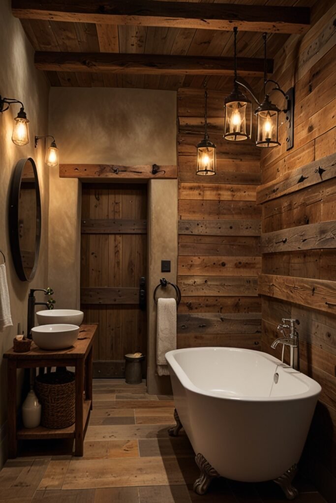 Small rustic bathroom with wooden ceiling beams enhancing the room’s cozy atmosphere.
