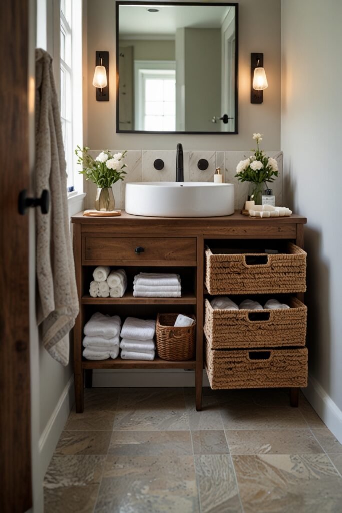 Space-saving bathroom vanity with clever under-sink storage for towels and toiletries.