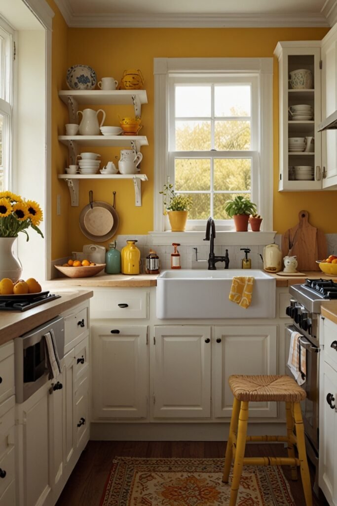Kitchen with sunflower yellow walls and bright décor.
