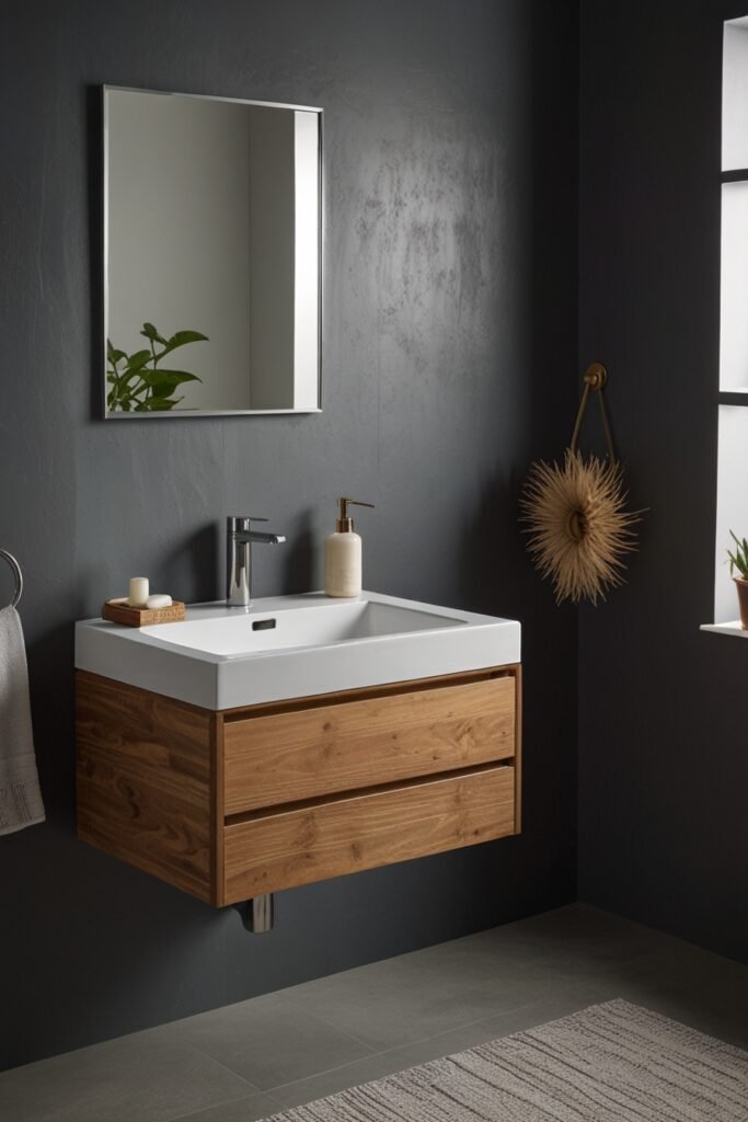 Modern wall-mounted bathroom sink vanity with minimal storage for a space-efficient design.