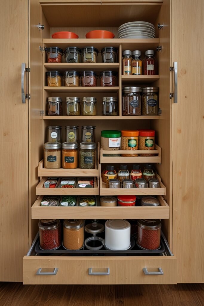 Organized kitchen cabinet with pull-out organizers and spices.