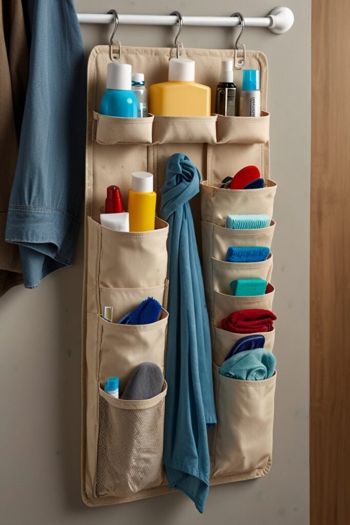 Over-the-door organizer holding shoes and accessories.