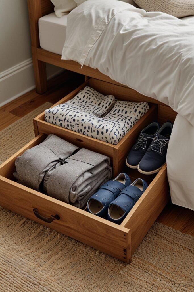 Storage bins under the bed for extra clothes and shoes.