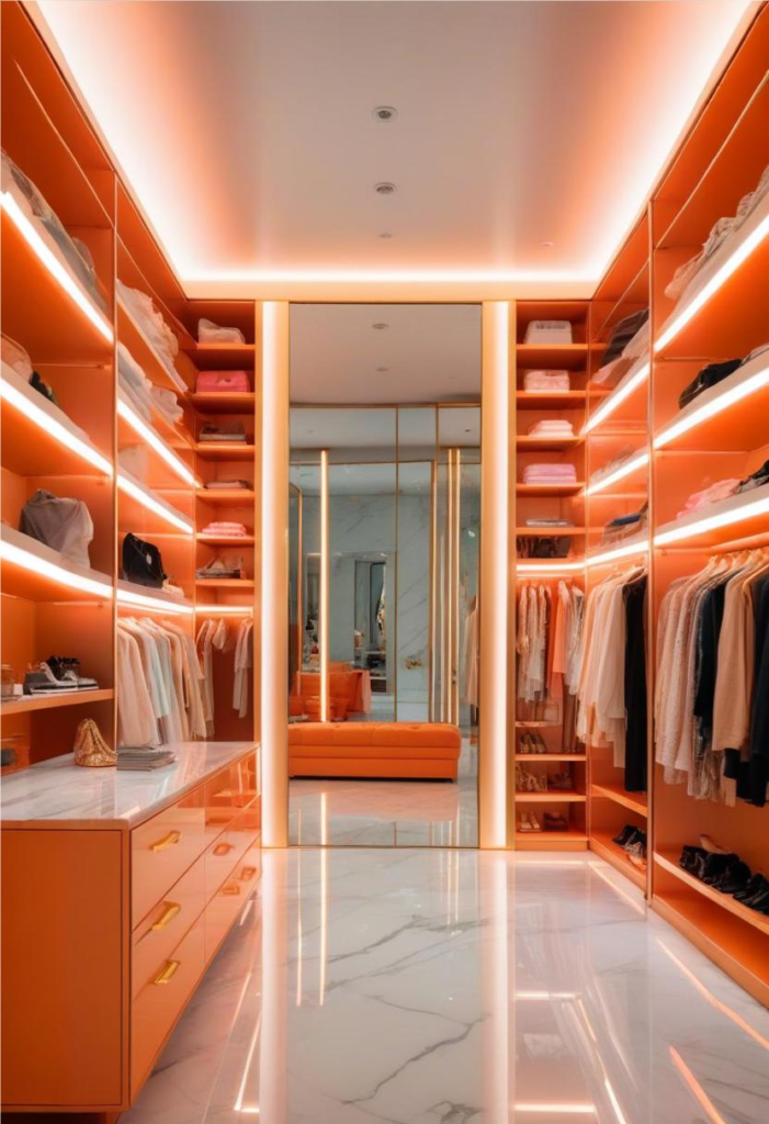 Walk-in wardrobe with open shelving and LED lighting in a luxurious modern bedroom.