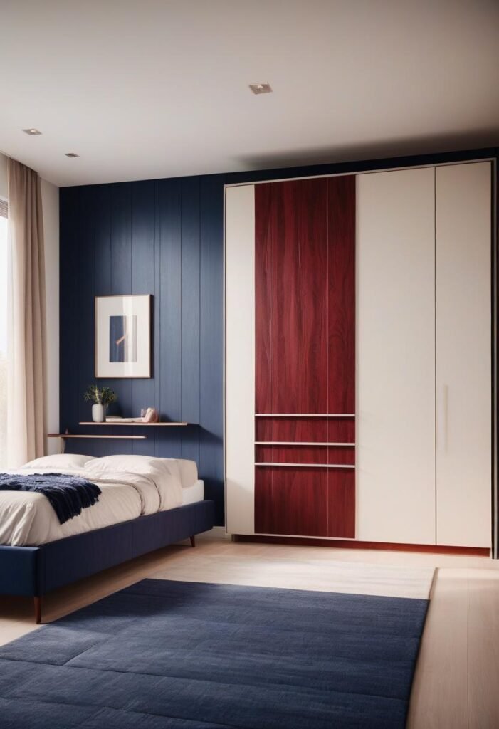 Textured wardrobe with natural wood grain panels.