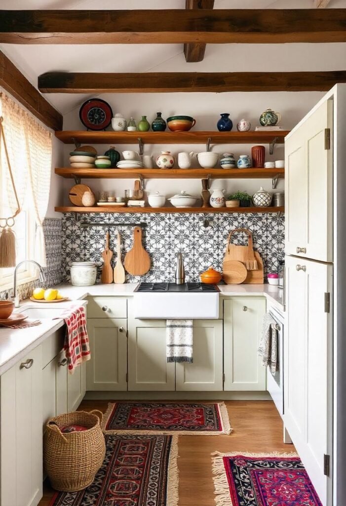 Bohemian-inspired little cabin kitchen with vibrant patterns and artistic details.