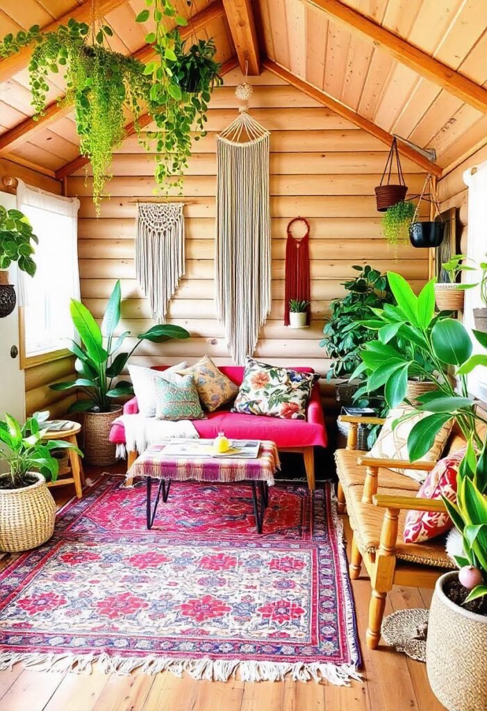 Vintage bohemian small Cabin Decor Ideas with colorful accents and indoor plants.