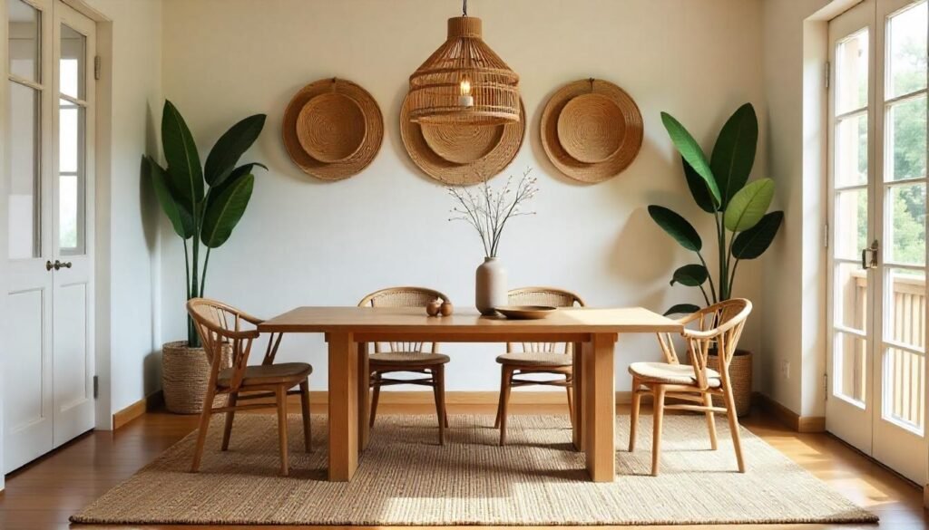 Boho dining room decor with wooden table, wicker chairs, jute rug, and bamboo accents, creating an earthy, nature-inspired atmosphere.