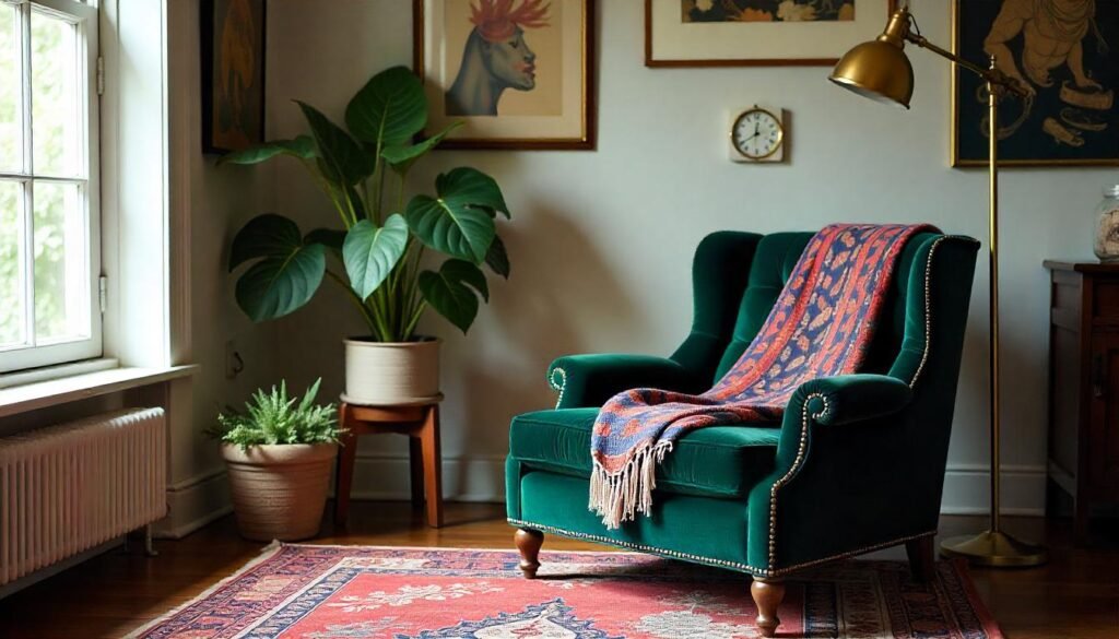 Boho living room with bold velvet armchair, colorful throw, vintage accent tables, and eclectic artwork, creating a striking and personalized look.