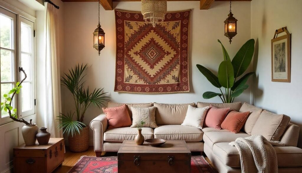 Boho living room decor with vintage wood chest, Moroccan lanterns, and ethnic tapestry on the wall, reflecting an eclectic, worldly style