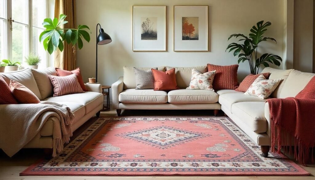 Eclectic Boho living room decor with patterned rug and mismatched pillows, creating a vibrant, carefree aesthetic.