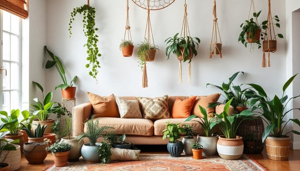 Boho living room decor with indoor plants in various pots, adding a natural and fresh element to the eclectic decor.