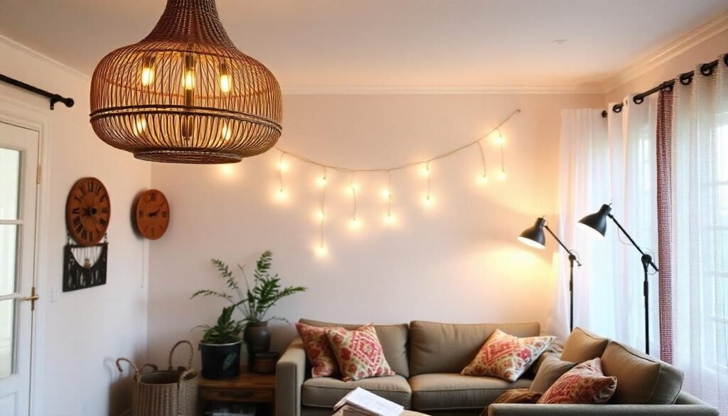 Boho living room with warm lighting from a rattan chandelier and vintage floor lamp, creating a cozy and inviting ambiance.