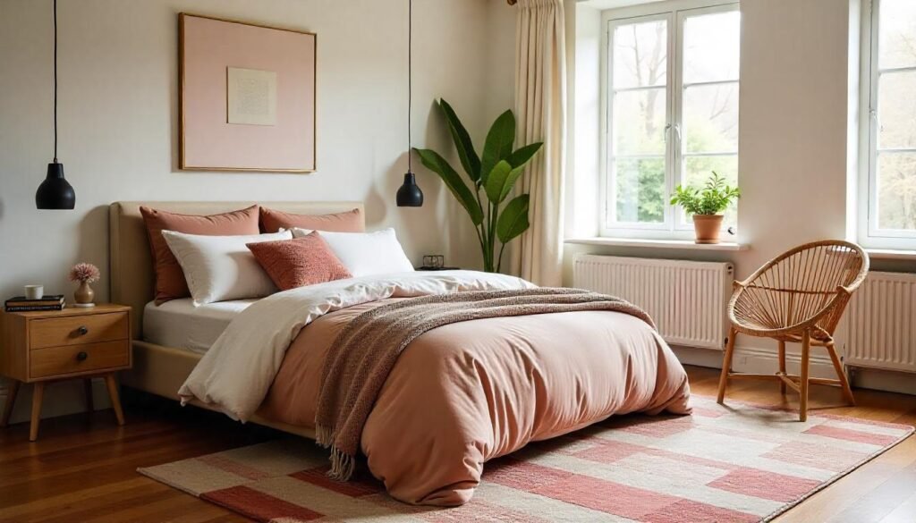 Boho bedroom with a velvet bedspread, rattan chair, and a patterned rug layered over a wooden floor, showcasing a mix of textures for comfort and style.