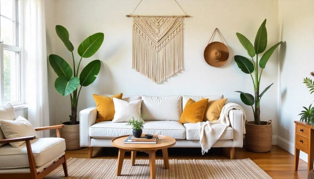 Boho home decor with handmade macramé wall art, DIY throw pillows, and upcycled furniture, showcasing a personalized and creative style.