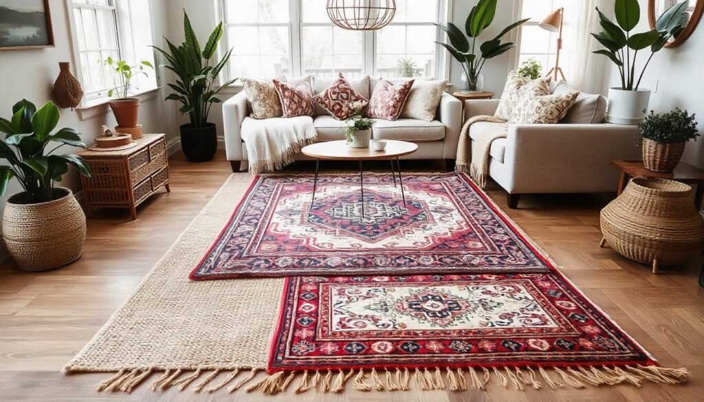 Boho living room decor with layered rugs, including a neutral jute rug and a patterned Moroccan rug, creating depth and warmth.