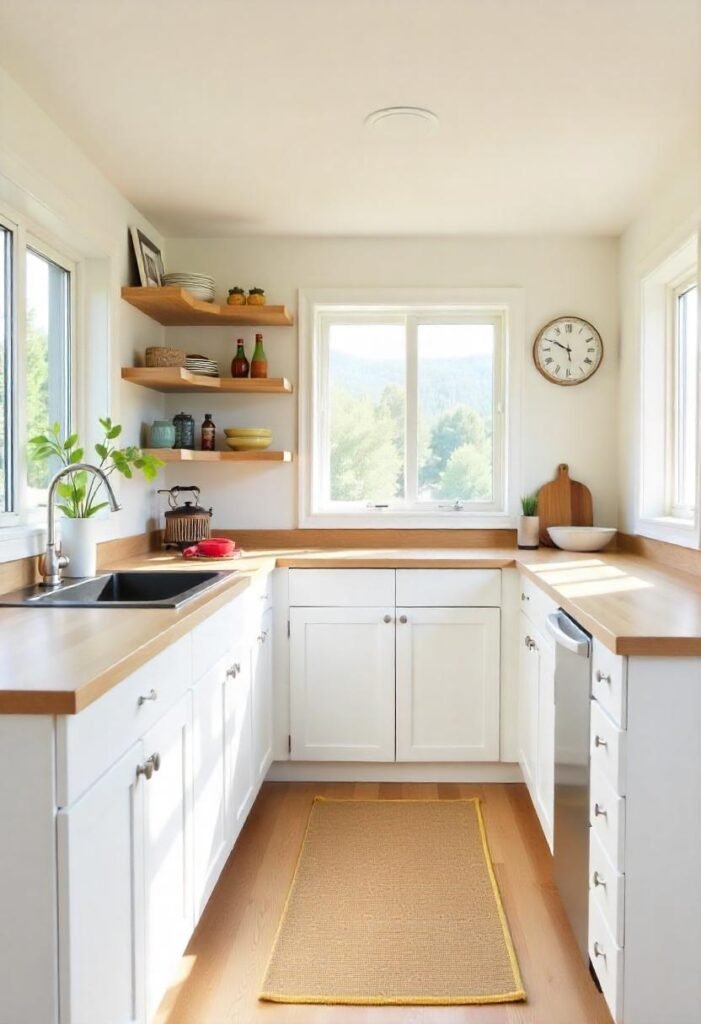 Bright and airy little cabin kitchen with white cabinetry and natural light.