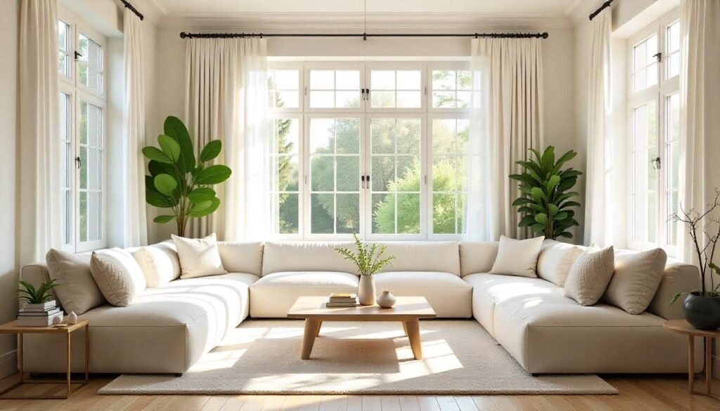Bright living room with large windows, sheer curtains, and mirrors, maximizing natural light to create a welcoming and open space.