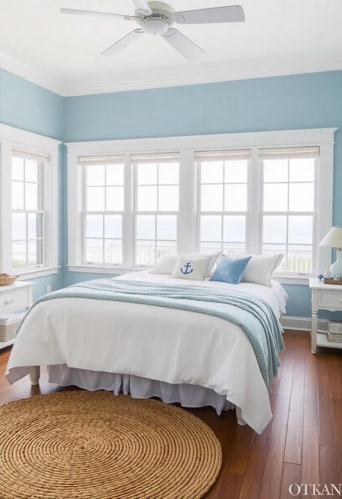 A beachy coastal bedroom with light tones, nautical décor, and natural textures.