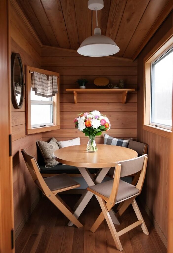 Compact dining area small Cabin Decor Ideas with practical seating and cozy decor.