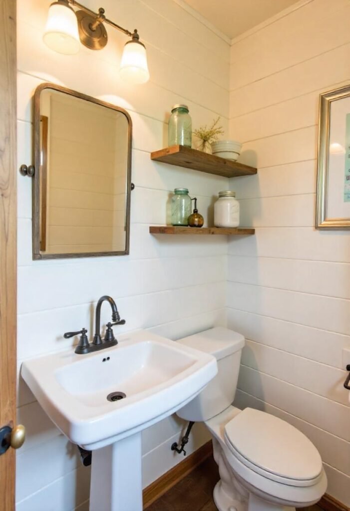 Farmhouse-style bathroom with rustic decor and vintage accents.