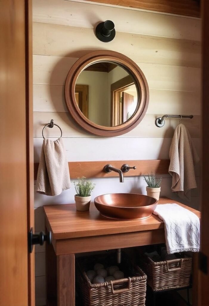 Rustic wood-accented little cabin bathroom with natural textures and earthy decor.