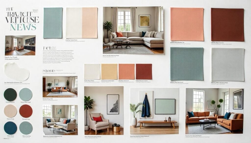 Mood board showcasing different interior styles, color palettes, and fabric swatches for home decor inspiration.