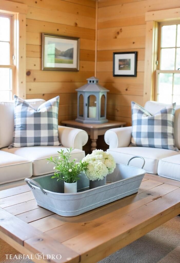 Farmhouse-style small Cabin Decor Ideas with rustic furniture and vintage accents.