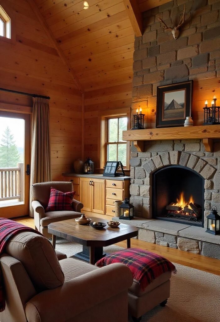 Log cabin small Cabin Decor Ideas with wood tones and rustic accents.