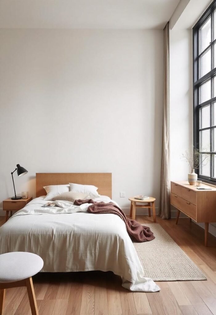 A modern minimalist bedroom with a sleek design, neutral tones, and clutter-free furnishings.