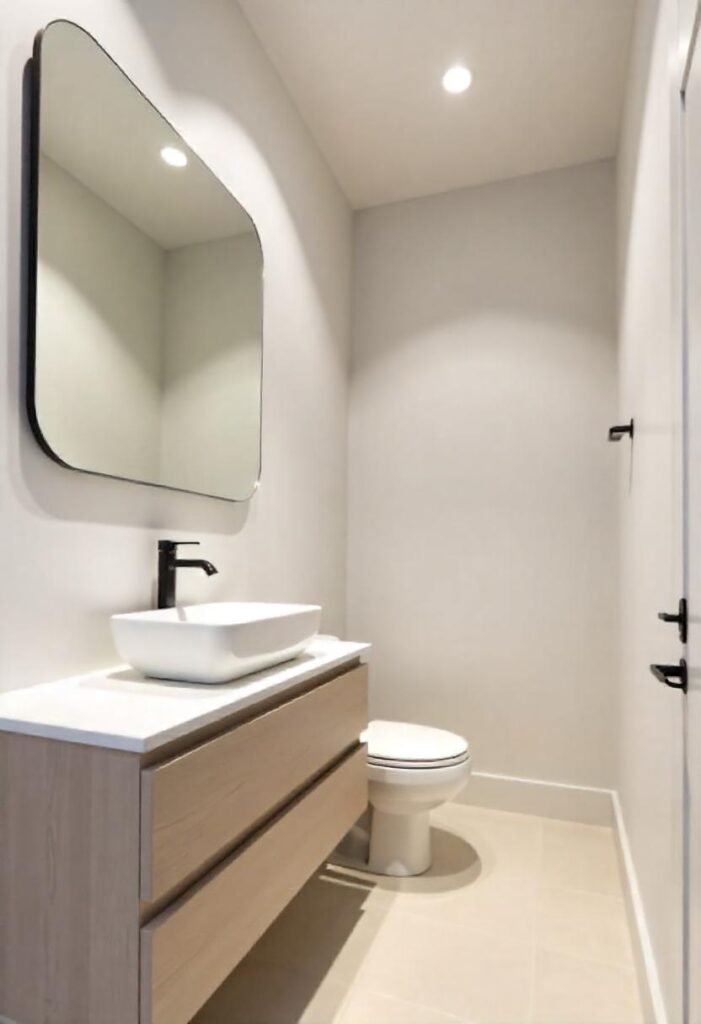  Minimalist little cabin bathroom with sleek design and neutral tones.