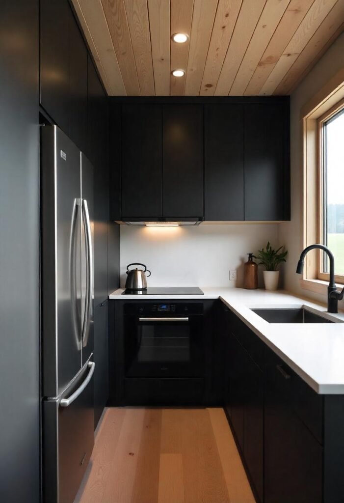 Modern minimalist little cabin kitchen with sleek cabinets and simple decor for an airy vibe.