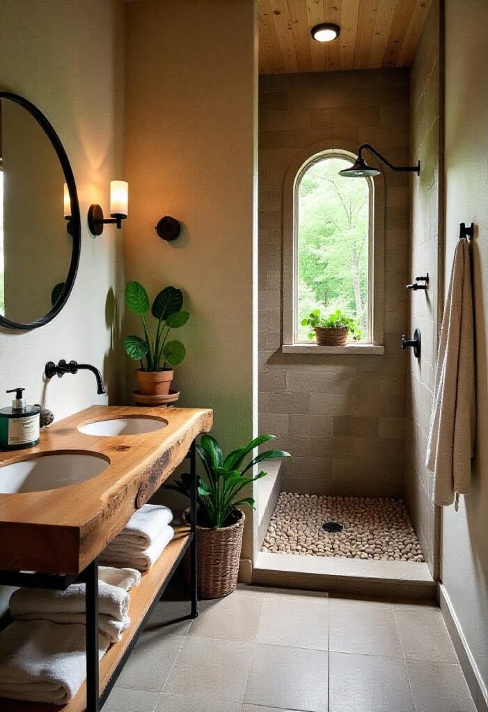 Nature-themed little cabin bathroom with organic materials and earthy tones.