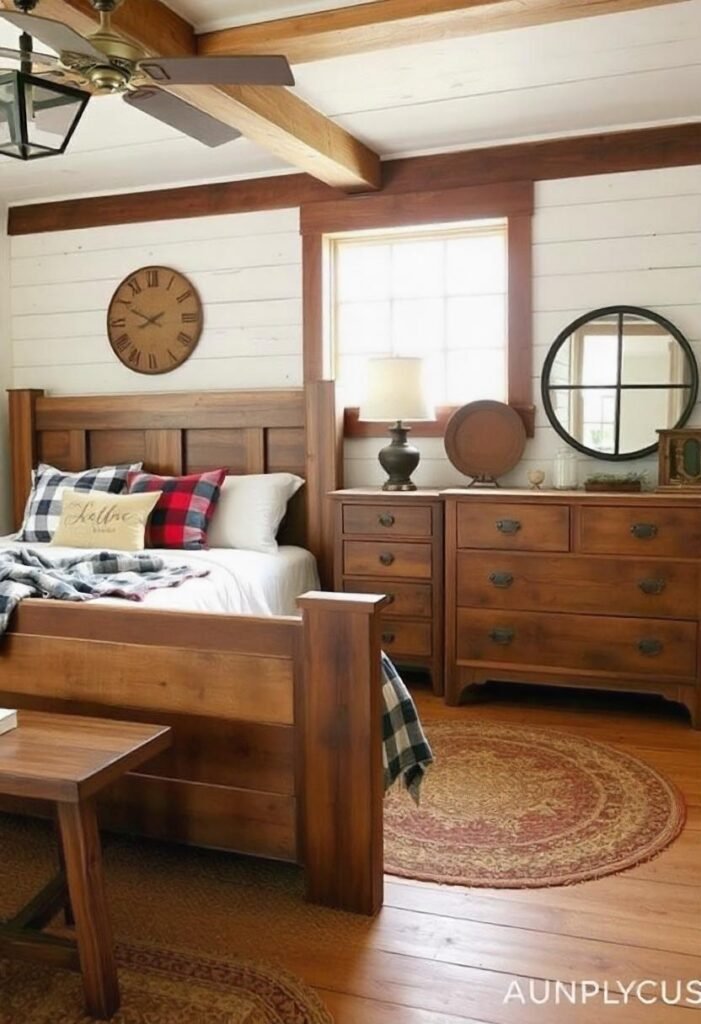 A cozy rustic bedroom featuring wood furniture, plaid bedding, and vintage farmhouse accents.