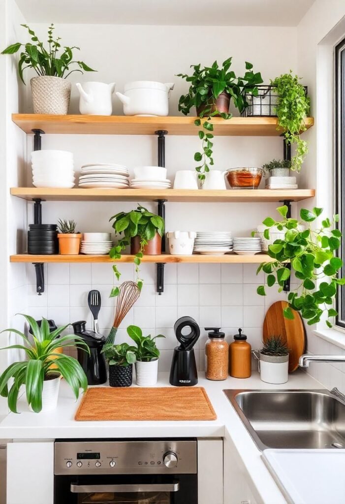 A small apartment kitchen with open floating shelves filled with neatly arranged kitchenware and plants, adding charm and organization.