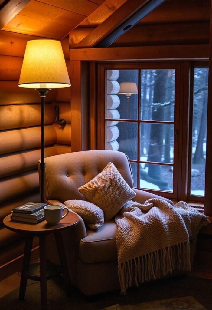 Cozy reading nook small Cabin Decor Ideas with warm lighting and comfortable seating.