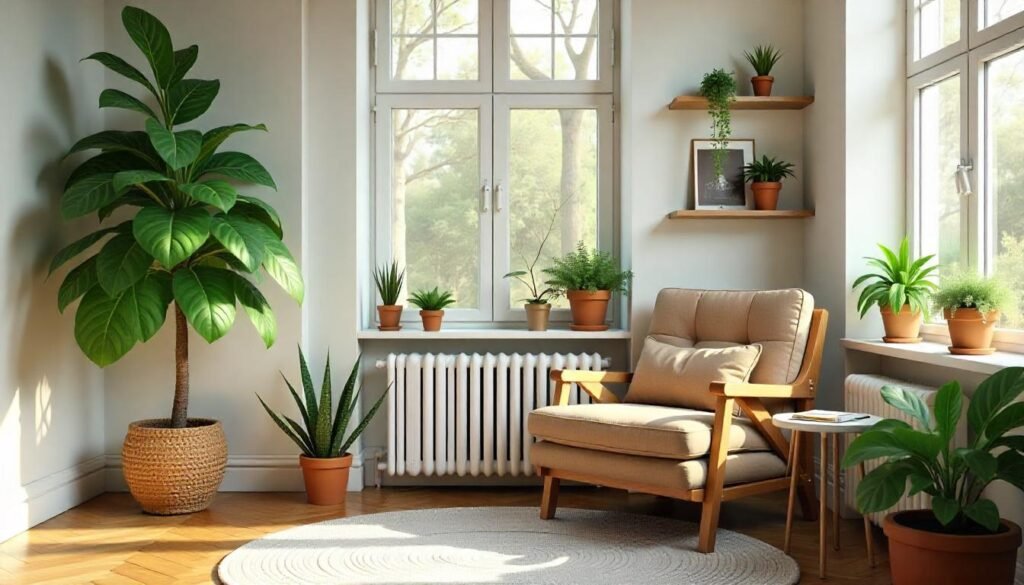 Living room with indoor plants placed strategically around the room, creating a fresh and vibrant atmosphere.