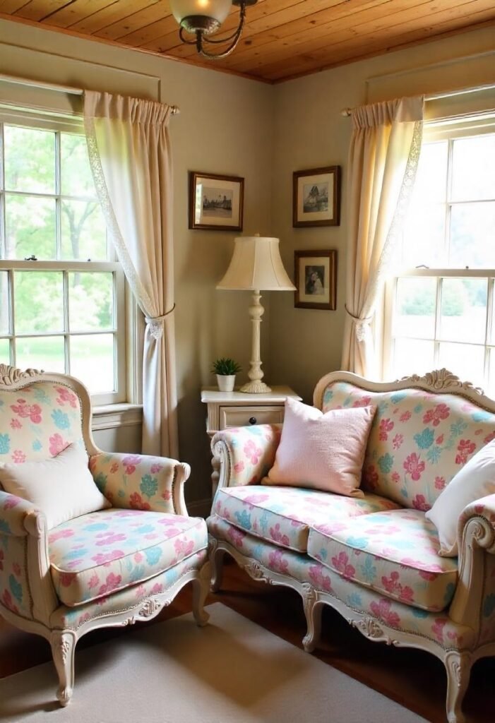 Vintage chic small Cabin Decor Ideas with pastel tones and antique furniture.