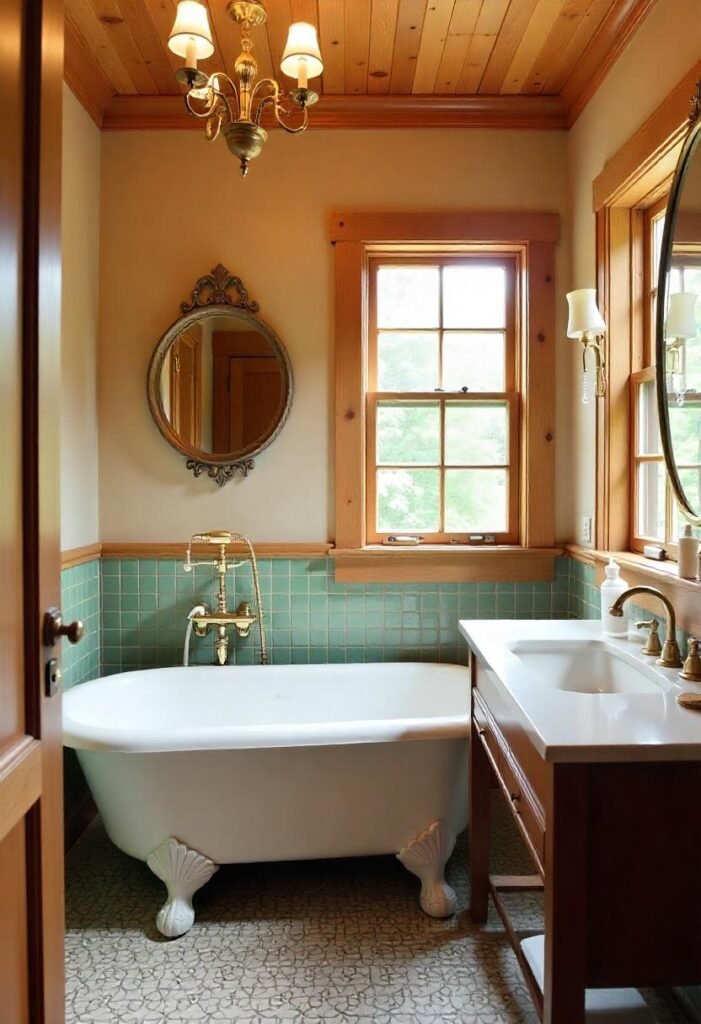 Elegant vintage little cabin bathroom with classic fixtures and timeless decor.