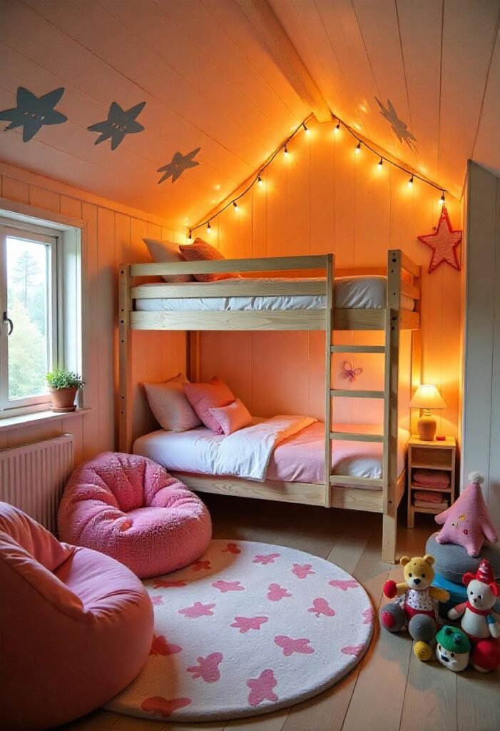 Whimsical kid’s room with bunk beds and playful decor.