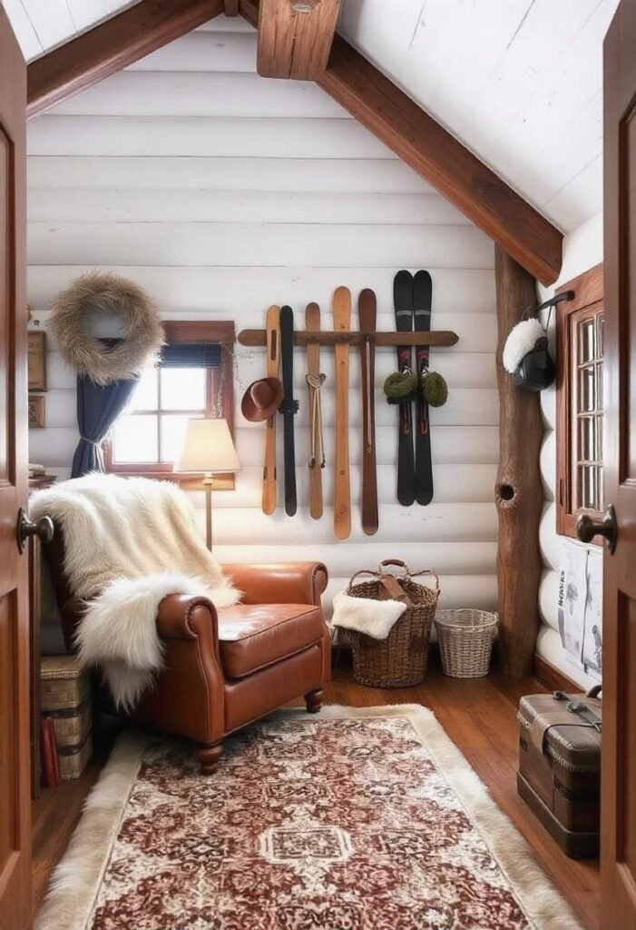 Alpine ski lodge small Cabin Decor Ideas with cozy textures and vintage ski accents.