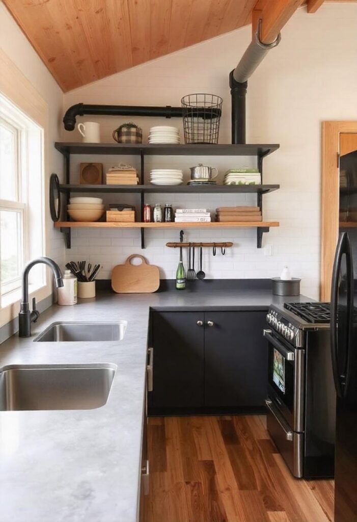 Industrial look kitchen featuring concrete countertops, exposed elements, and warm decor.