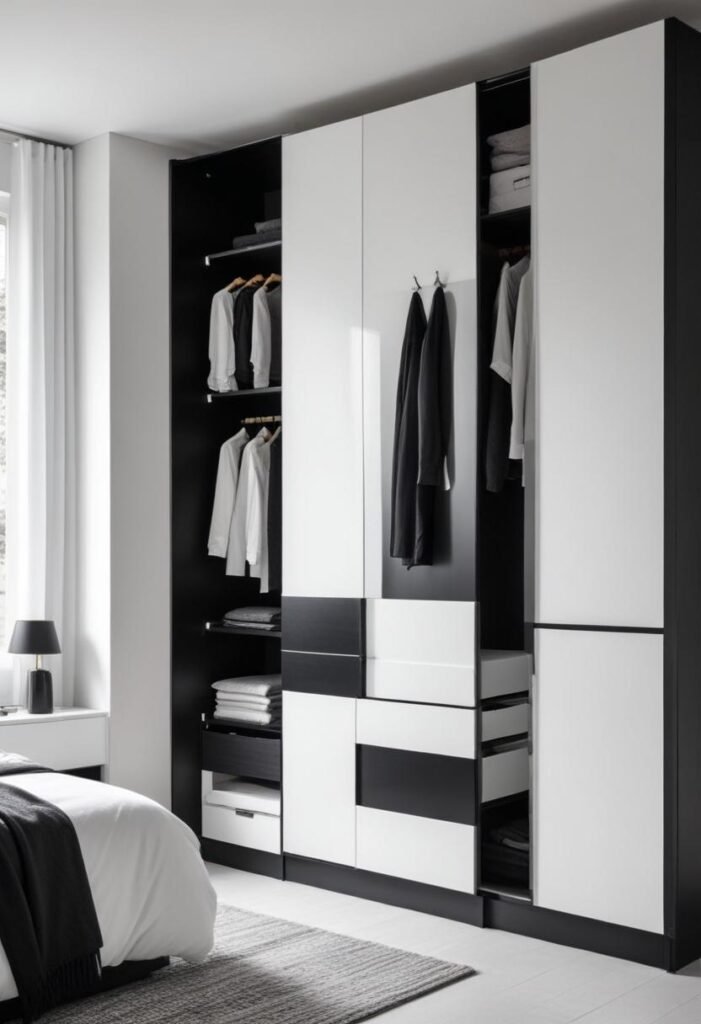 Black-and-white wardrobe with alternating panels in a modern bedroom.