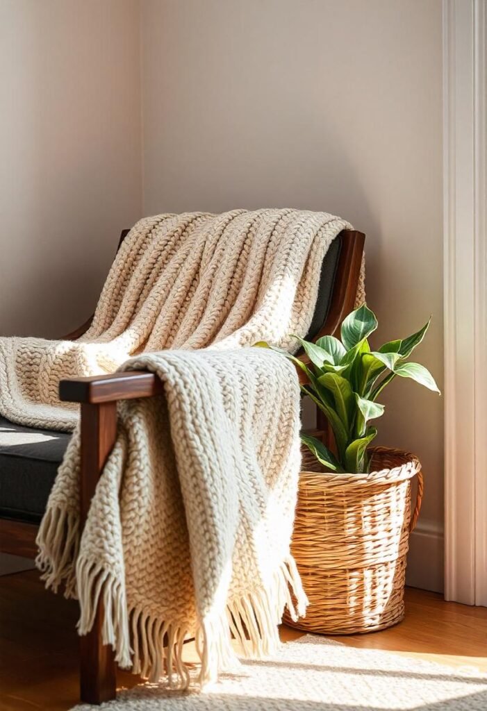 Scandinavian living room with a snake plant in a woven basket next to a wooden armchair.