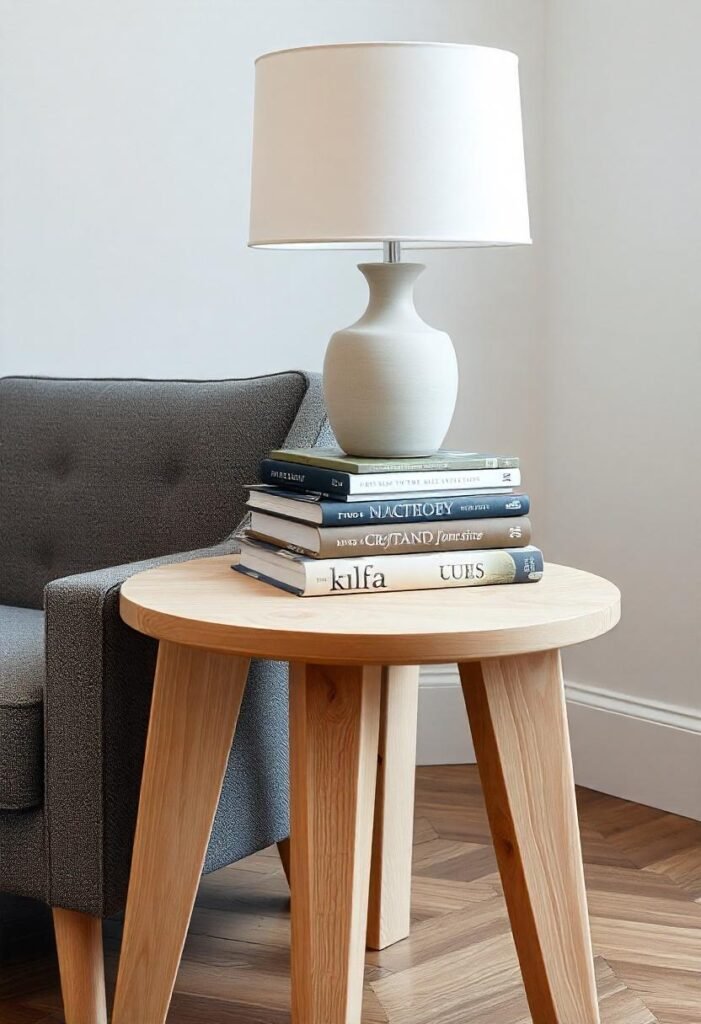 Scandinavian side table with a ceramic lamp and books next to a gray armchair.